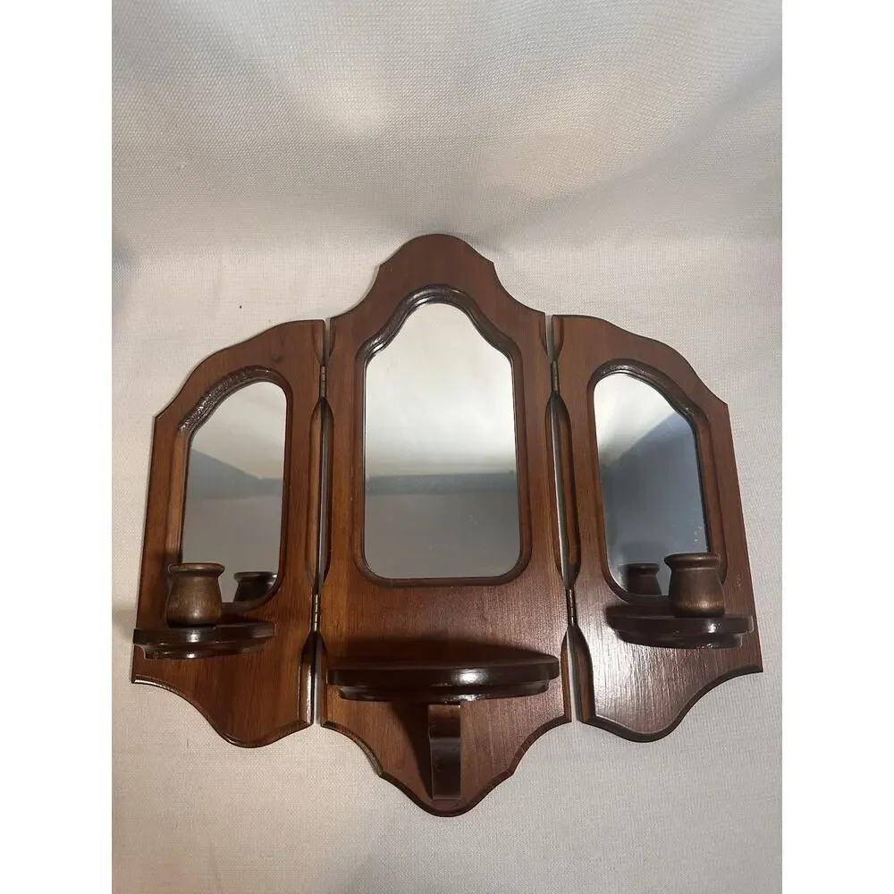 Vintage MCM Tri-fold Handcrafted Wooden Wall Sconce Mirror Candle Holders